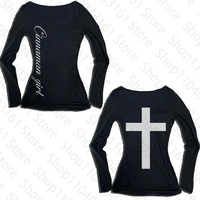 Vintage T-shirt Letter Graphic Print O Neck Long Sleeve Tee Women's Slim Fit Crop Tops Girl Emo Streetwear 2000s Summer tops emo