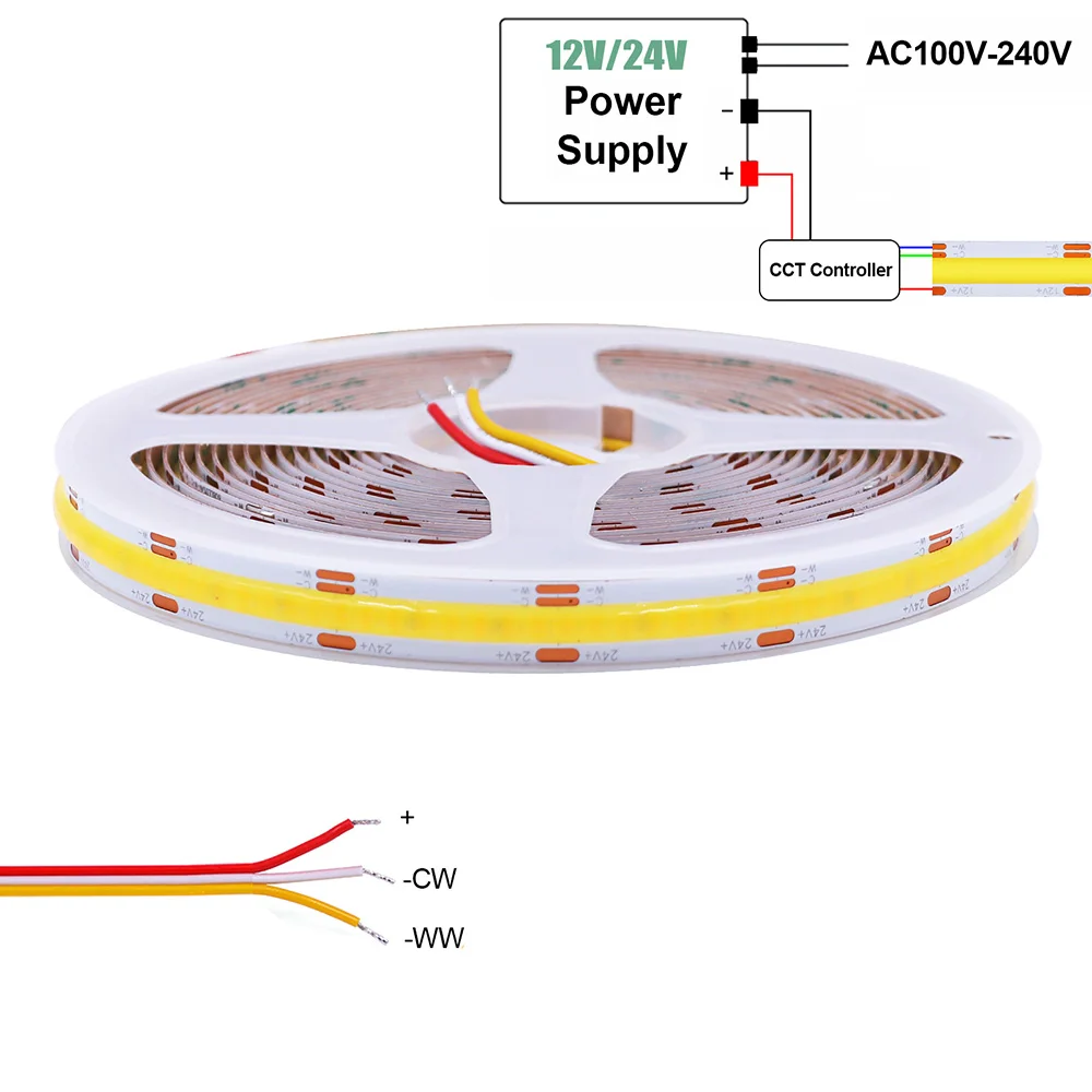 Imagem -02 - Cct Cob Led Strip Lights de Alta Densidade Fita Flexível Regulável Iluminação Mutável 608 Leds por m 2700k a 6500k dc 12v 24v