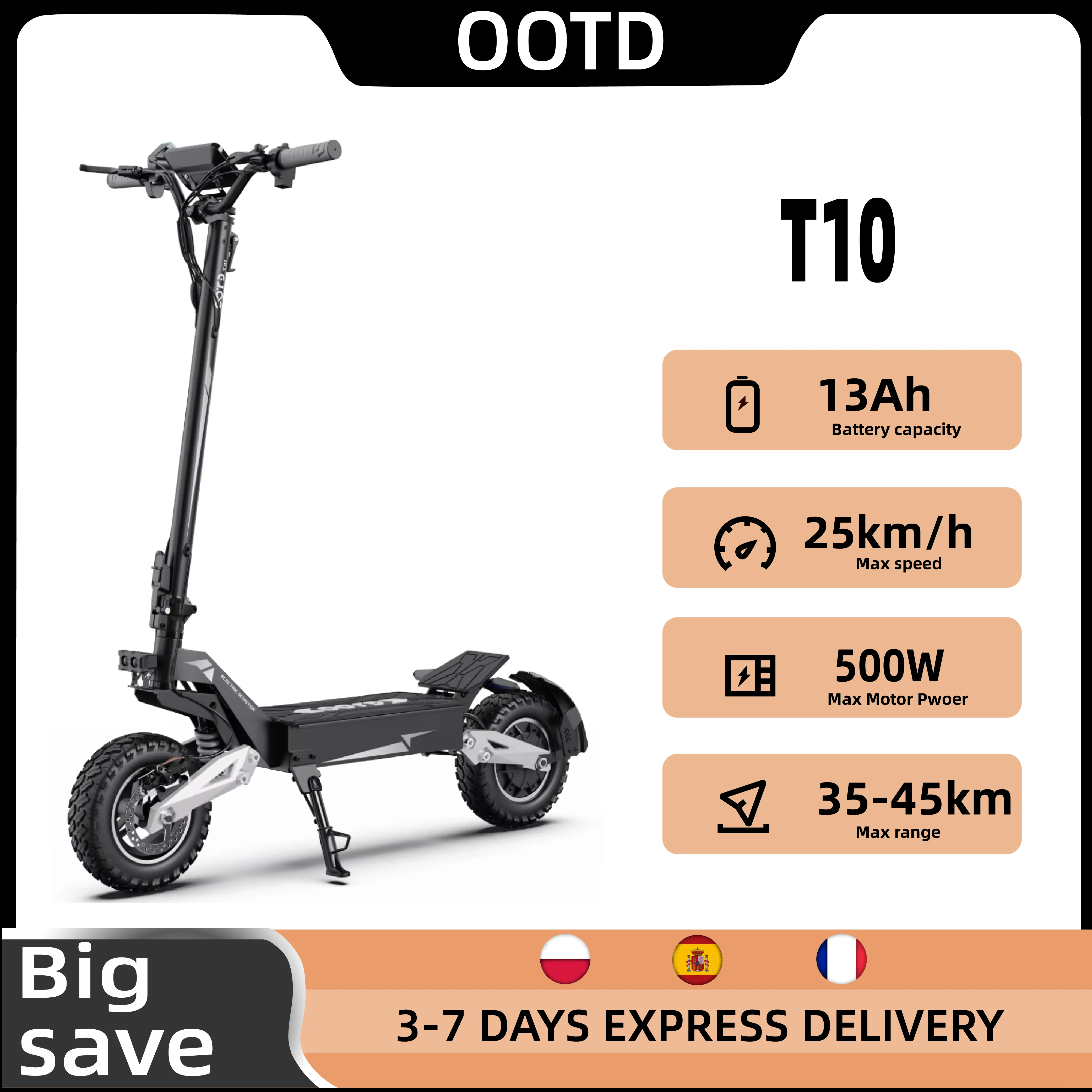OOTD T10 Scooter électrique 500W moteur 48V13AH batterie tout-terrain e-scooter adulte 11 pouces pliable ville déplacement Scooter électrique