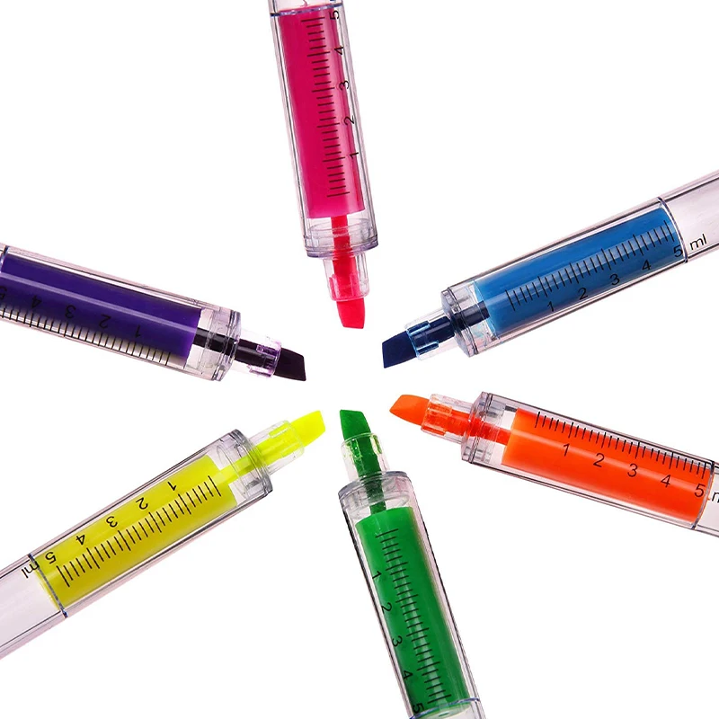 120Pcs Non-Toxic Transparent Injection Syringe Shape 6 Colors Fluorescent Pens Wholesale