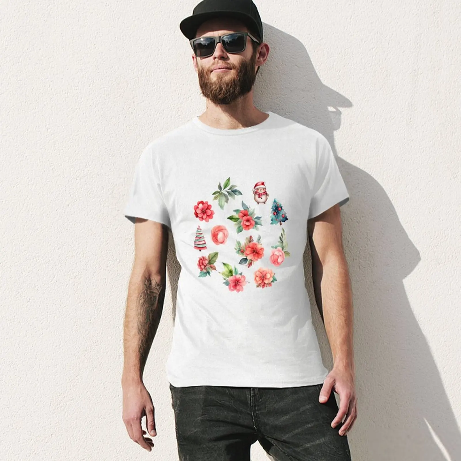 Árvore de Natal e flores t-shirt para homens, mix feriado de Santa, cor lisa, plus size