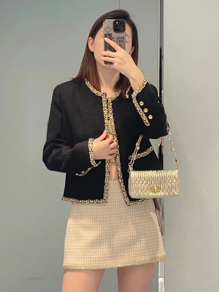 New Designer Office Ladies Black Tweed Jacket Diamond Sequined Vest High Waist A-Line Skirt Three Piece Set Fashion Women Sets