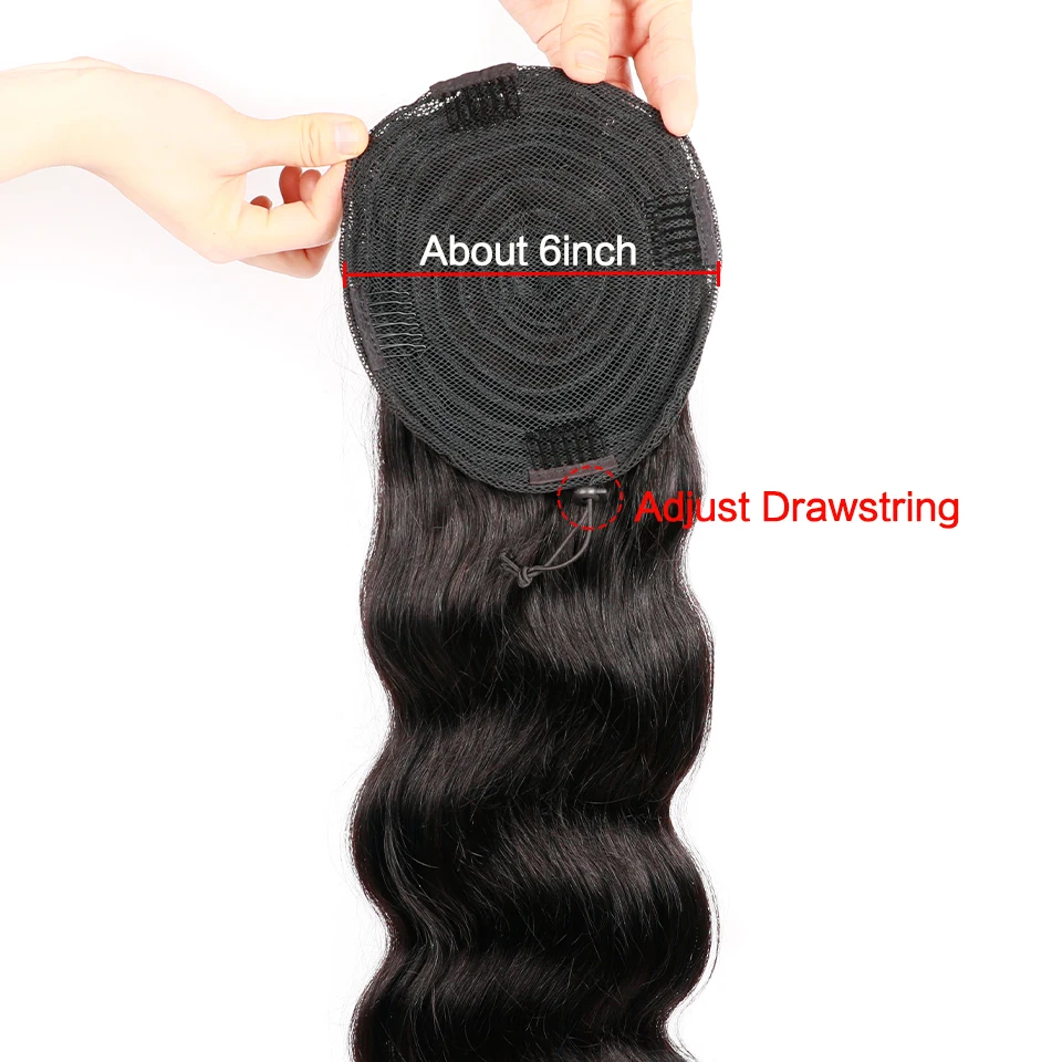 Body Wave Long Drawstring Ponytail Human Hair Extensions Peruvian Hair Clip In Remy Natural Black 2 Combs Heat Resistant Pony