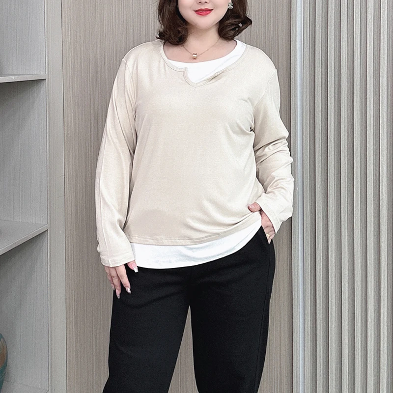 Autumn Long Sleeve Basic Tops Women New XL XXL Loose Tees Fake Two Pieces T-shirt 8116