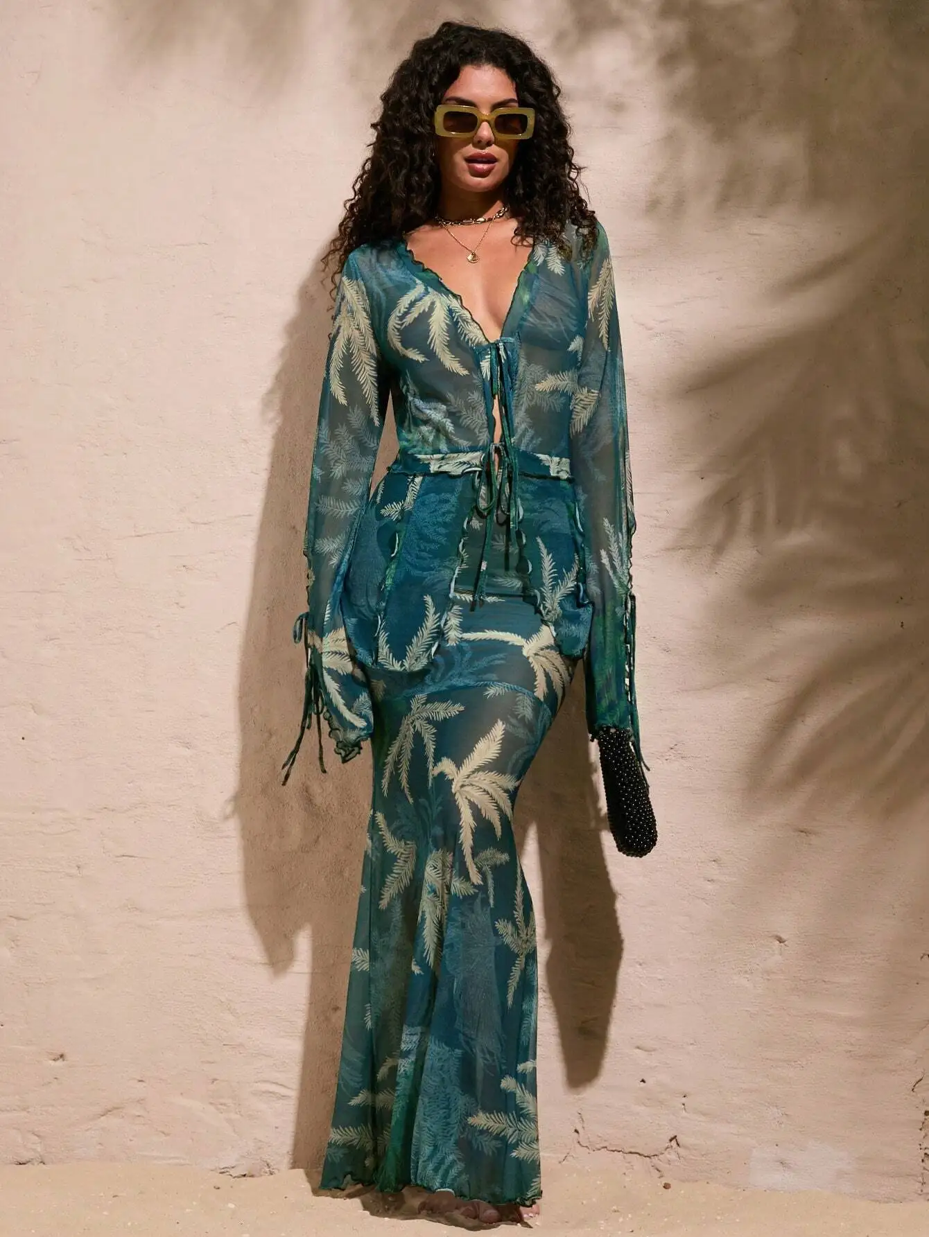 

Women's Boho Ruffle Trim Crisscross Mermaid 2 Piece Set Vacation Dress