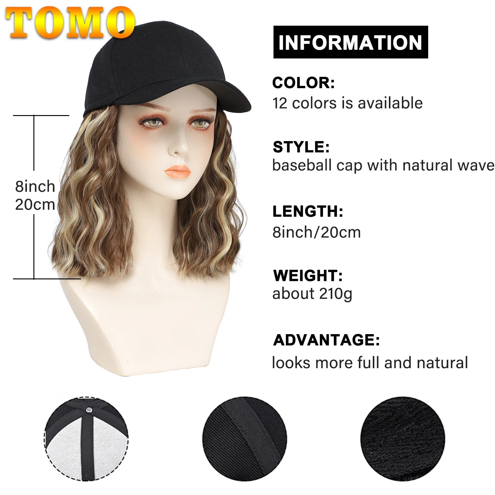 TOMO-Perruque de Baseball Synthétique Courte Ondulée, Bob Naturel, Chapeau Noir, Casquette avec Cheveux Allergiques, Ajustable pour Bol