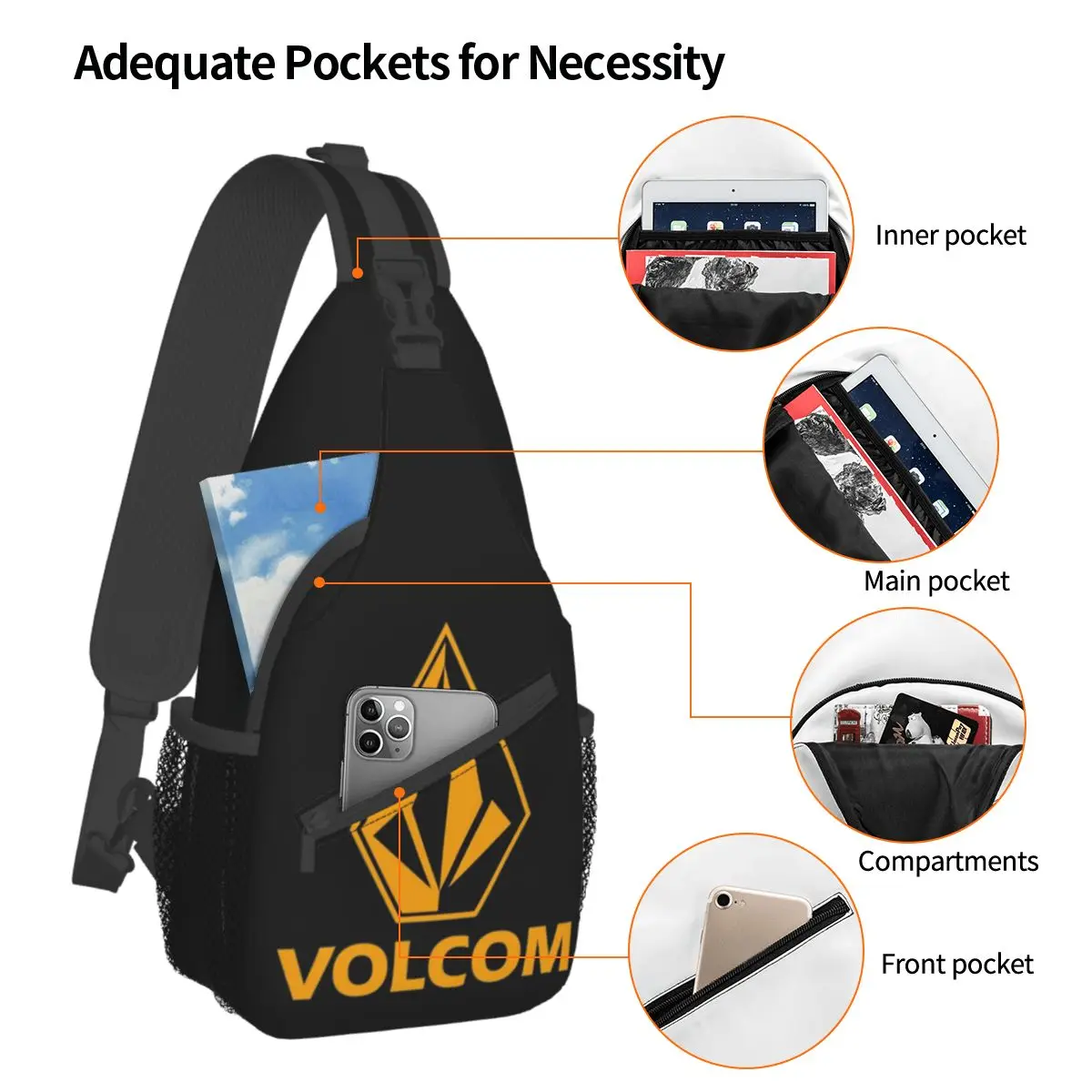 Volcom-Logo Crossbody Sling Bag, Saco Peito Pequeno, Mochila de Ombro, Mochila para Caminhadas, Viagem, Camping