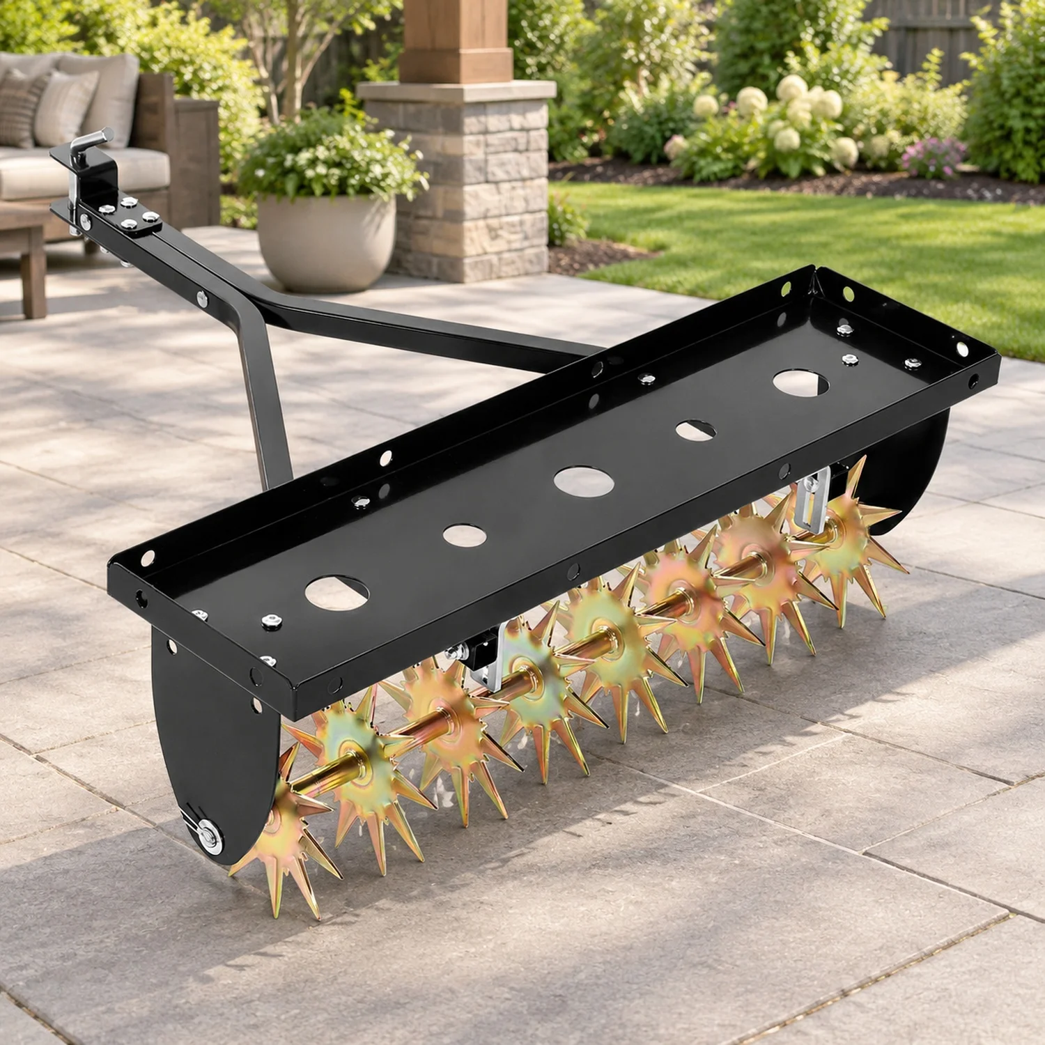 Tow Behind Plug Aerator, 32 in Lawn Spike with Universal Hitch, Heavy Duty & Rust-Resistant, Pull Tool Folded Edge Tray, for