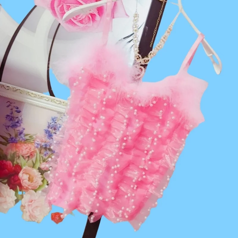 

Pink Sexy Girl Crop Tops Elastic Suspenders Vest Sissy Sweet Cute Bow Lace Fluffy Tops Party Cross-dressing Camisole Tops