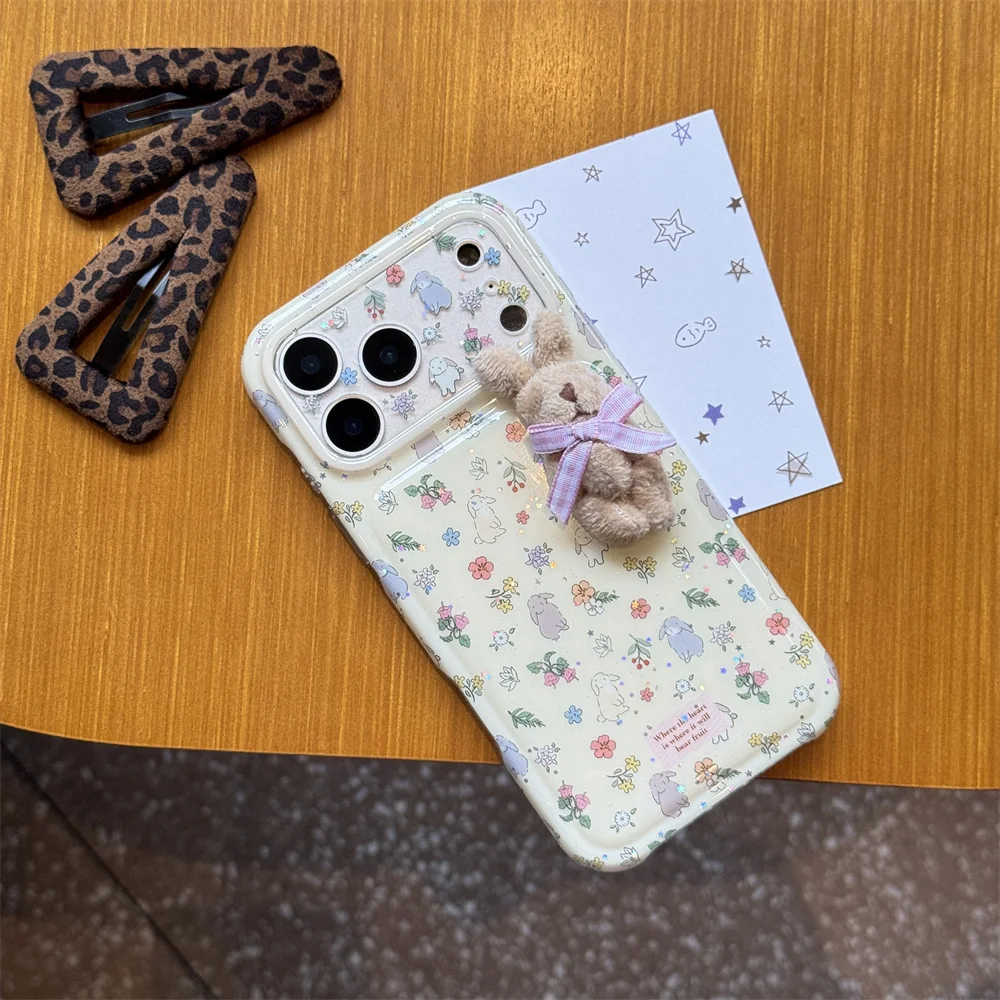 Cute 3D Plush Rabbit Phone Case For iPhone 15 16 17 18 Pro Max Floral Bunny Print Glitter Shockproof Hard Protective Cover