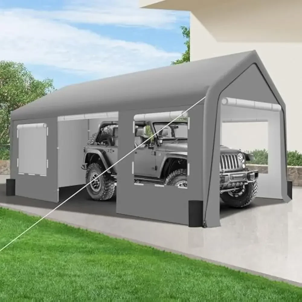 

10' X 20' Heavy Duty Carport Extra Large Outdoor Shelter with Roll-up Ventilated Windows & Side Doors, Portable Garage