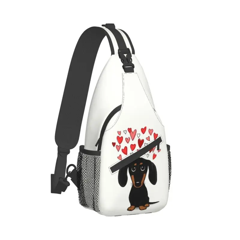 Mochila personalizada de Dachshund con corazones de San Valentín para hombre, bandolera de dibujos animados, tejón, salchicha, perro, bolso de pecho