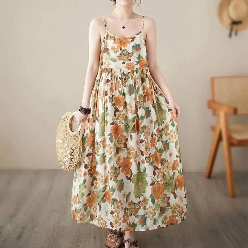 

Women Dresses Vintage Summer Floral Printed Sleeveless A-line Sling Dress Casual Loose Korean Fashion Dress for Women Clothing