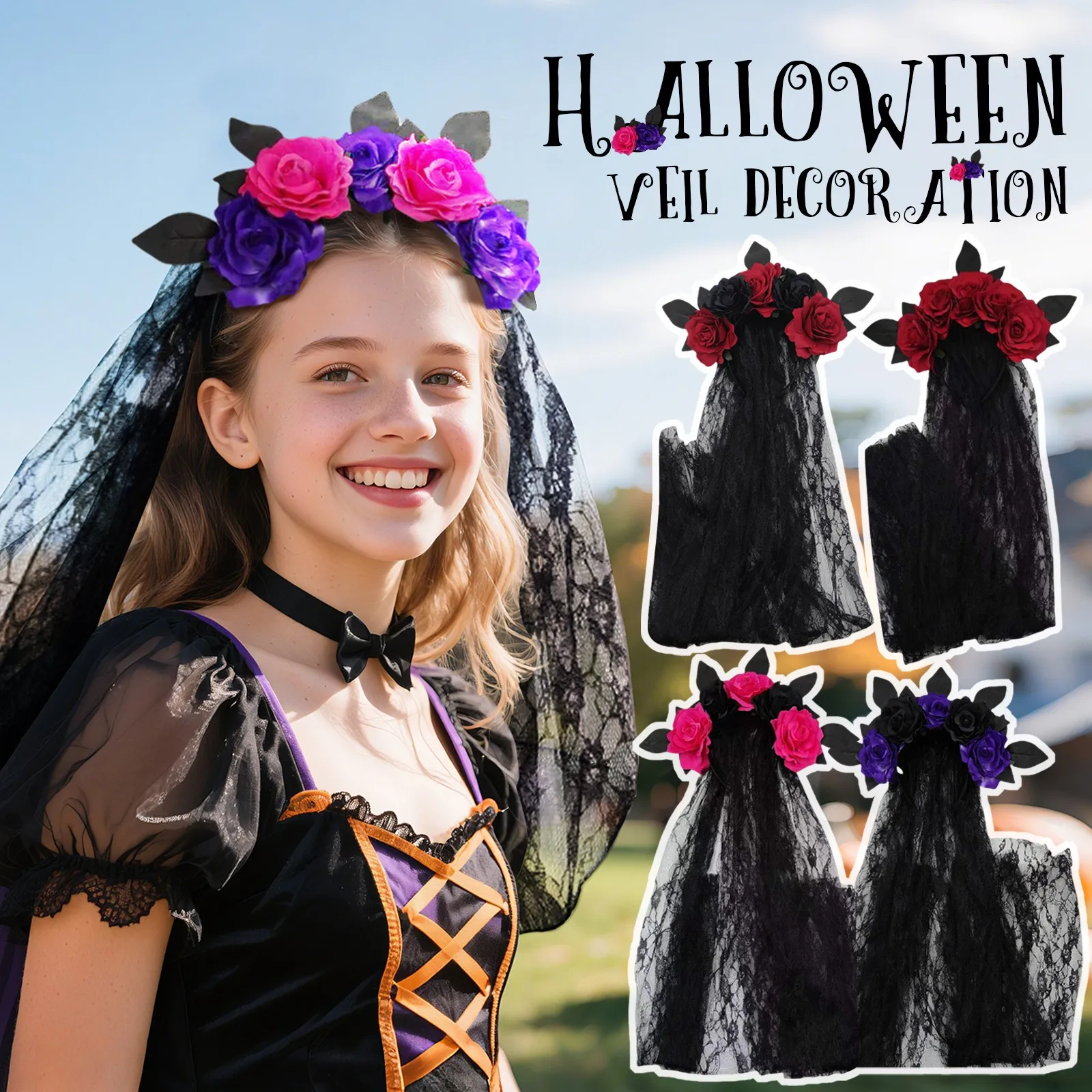 

Mexican Day Of The Dead Costume Halloween Gothic Flower Garland With Black Veils Bridal Flower Crown Cosplay Wedding Headpiece