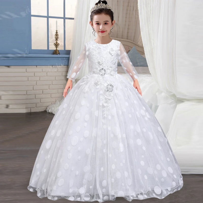 Flower Girl Wedding Party Embroidery Dresses Autumn and Winter New Long Sleeve Wave Point Flower Decoration British Dresses