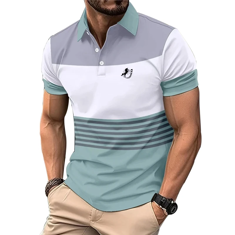 3D Digital Print Men Clothes Summer Slim Fit Short Sleeve Spell Color Polo Shirt Men Business Casual Turn-down Collar Polo Shirt