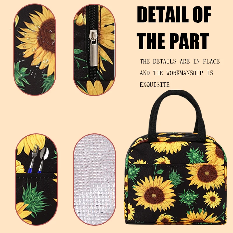 Lunch bag sunflower pattern design strengthen handles foil inner lining large capacity portable for picnic or office