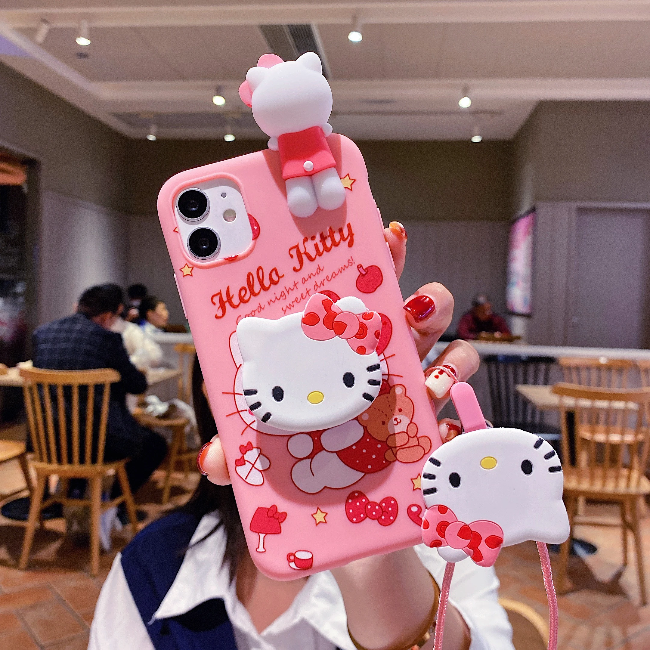 For iPhone 17 16 16e 15 14 13 12 11 Pro Max Air XR X XS Max 6 6S 7 8 Plus SE 3D Cartoon Sanrio Kitty Melody Holder Lanyard Case