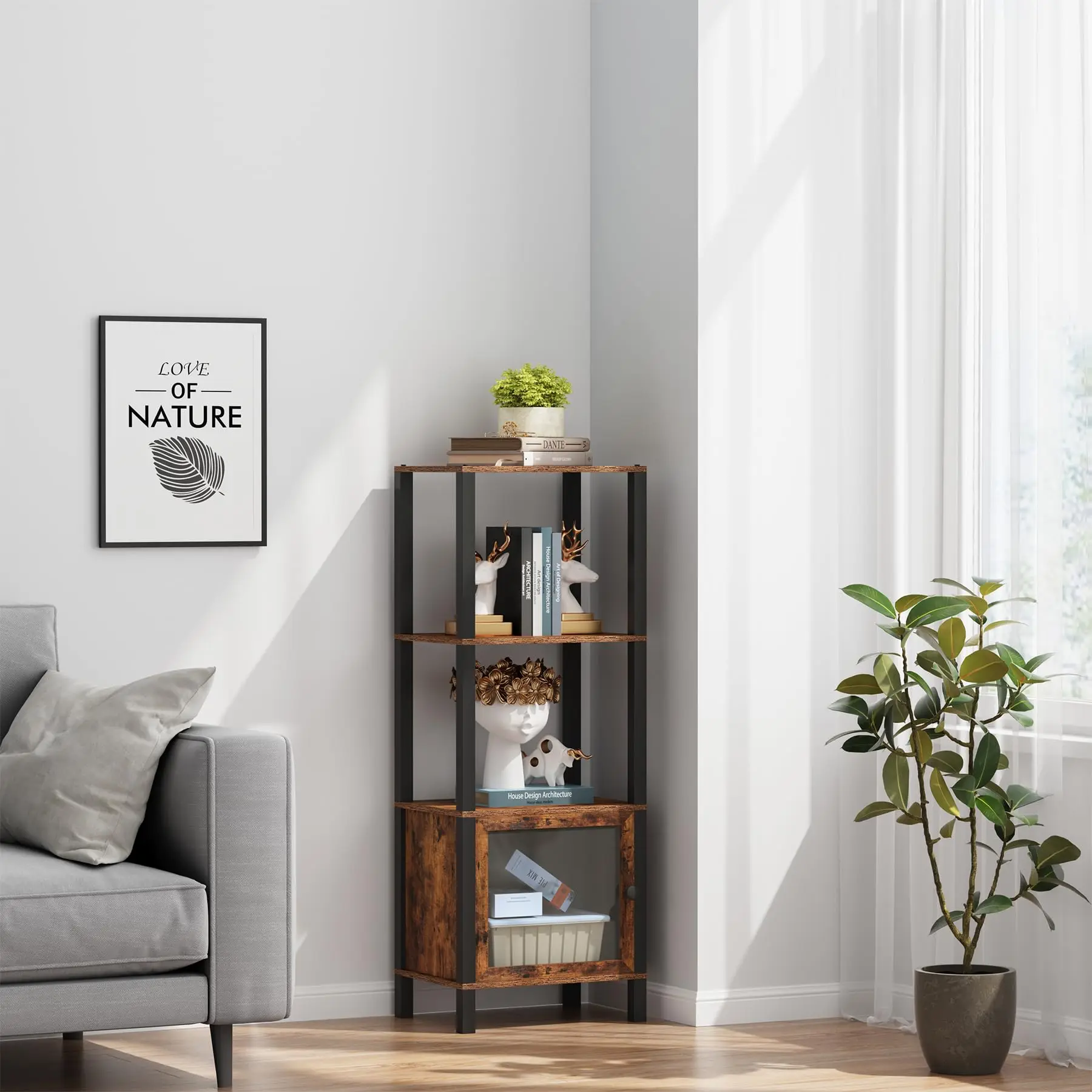 

6 Tier Narrow Bookshelf With Door For Living Room Office Study Entryway Brown