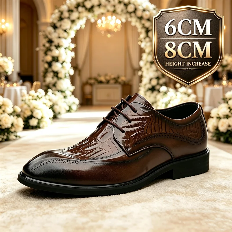 Men Hidden Height Increasing 6cm 8cm Brogue Dress Shoes Crocodile Pattern Lace Up Formal Wedding Business Elevator Leather Shoes