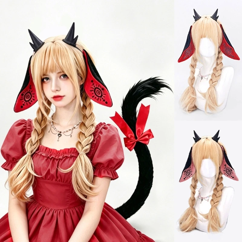 Women Plush Devil Sheep Horns Headbands Tail Halloween Costume Accessory for Cosplay Masquerades and Themed Party Outfits