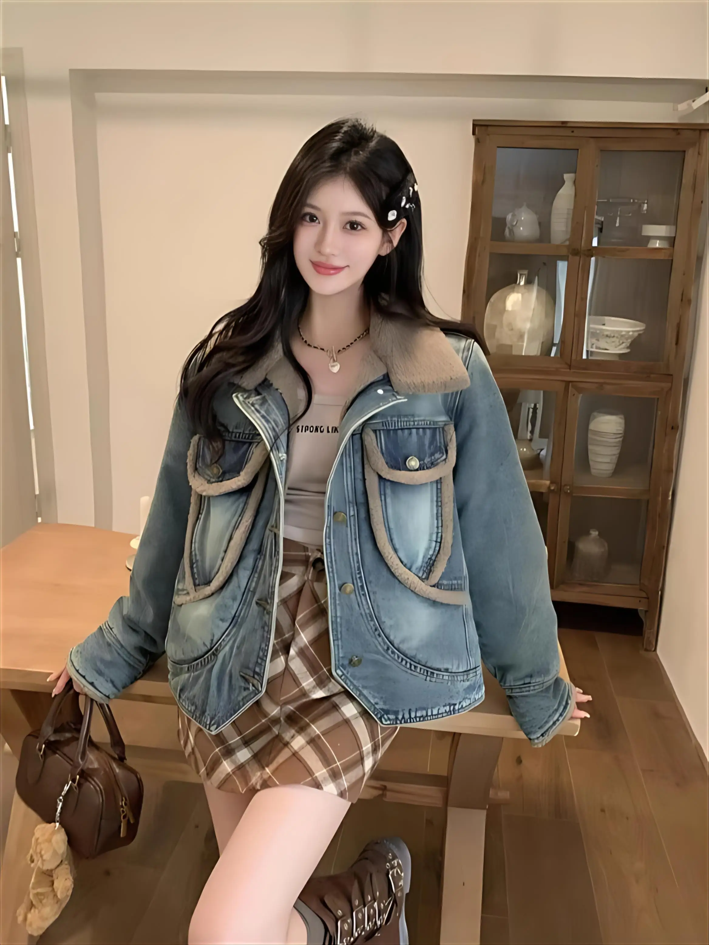 

Джинсовое пальто с длинным рукавом, женское меховое плюшевое женское зимнее пальто обычного кроя в стиле гранж, фестиваль, активный отдых на свежем воздухе, быстросохнущий вельвет