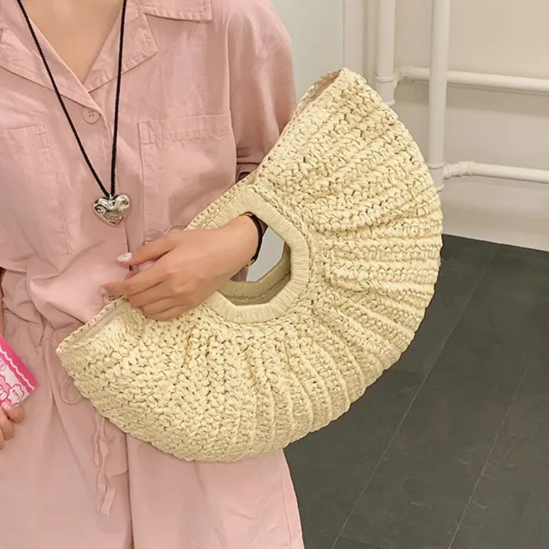 Summer Straw Women Half-moon Beach Handbag Rattan Handmade Handle Fashion Kintted Tote Bag