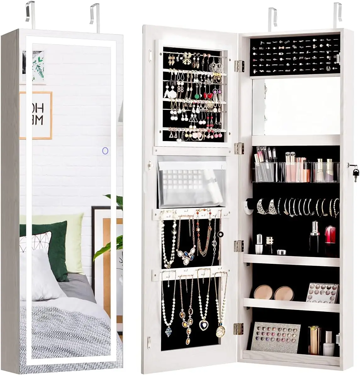 Jewelry Cabinet Armoire Door Wall Mount,3 Lighting Settings, Inside Makeup Mirror, Jewelry Storage Box Organizer (Grayish White)