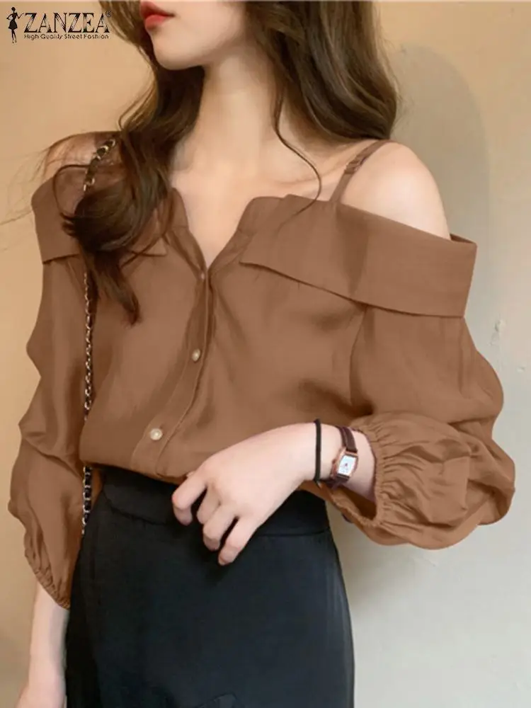 Sexy Off Shoulder Blouse ZANZEA 2023 Fashion Women Long Sleeve Shirts Summer Casual Straps Button Tops Pleated Solid Loose Tunic