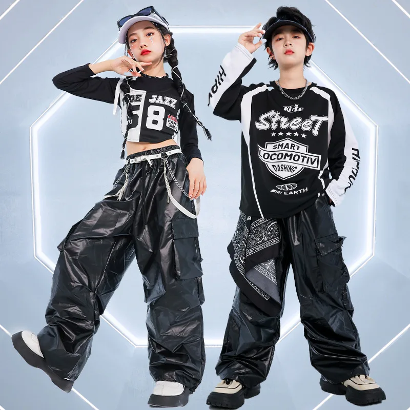 Kinder Street Dance Performance Outfit Motorradjacke Glänzendes Leder Show Off Mädchen Jazz Dance Kostüm Trendy Girl Group