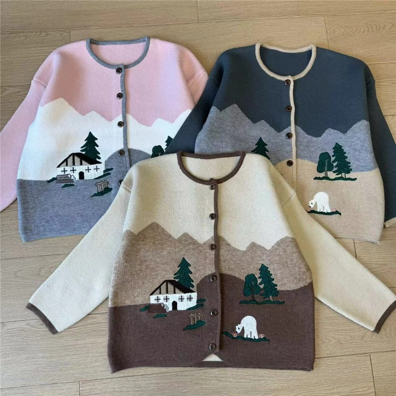 Sweet Hot Girl Embroidered Knitted Cardigan Women's Autumn and Winter O-neck Long Sleeved Sweater Jacket Fashion Female Clothes