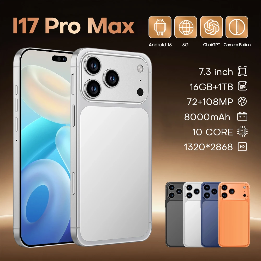 

New i17 Pro max 2025 Hot High Quality 7.3inch Global Version Smart Dual Card 8000mAh Battery Facial Recognition Function