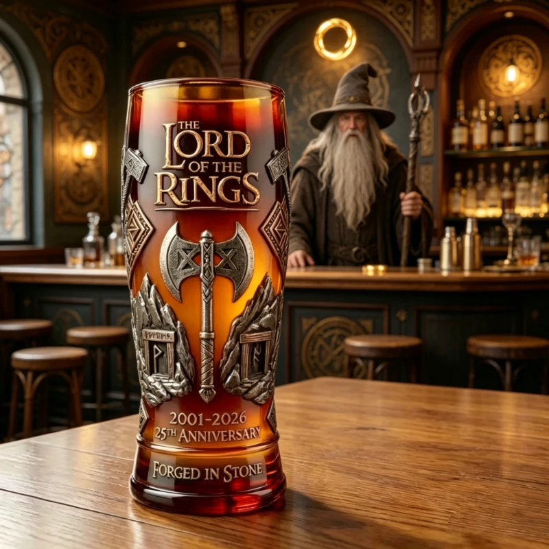 Taza de vidrio con estampado del hacha de Gimli del 25.º aniversario de El Señor de los Anillos