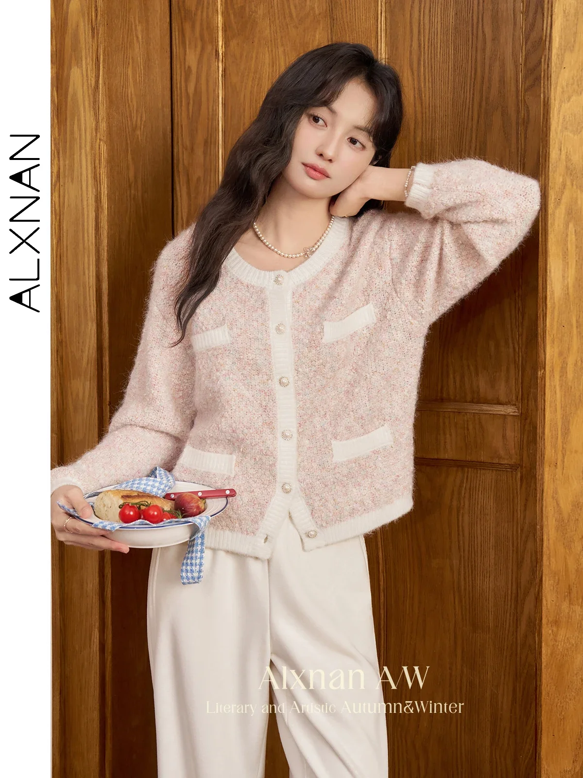 

ALXNAN розовый вязаный кардиган 2021, осень-зима, элегантные теплые свитера с круглым вырезом и жемчужными пуговицами, милые женские топы с длинными рукавами L50220
