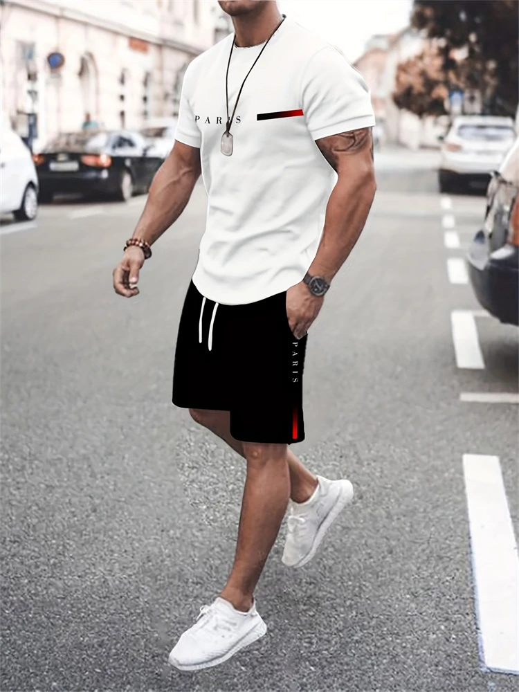 

Summer Relaxed Short-Sleeve Set 3D Letter Print Casual Crew Neck Short-Sleeve Top Drawstring Shorts Outdoor Casual Two-Piece Set