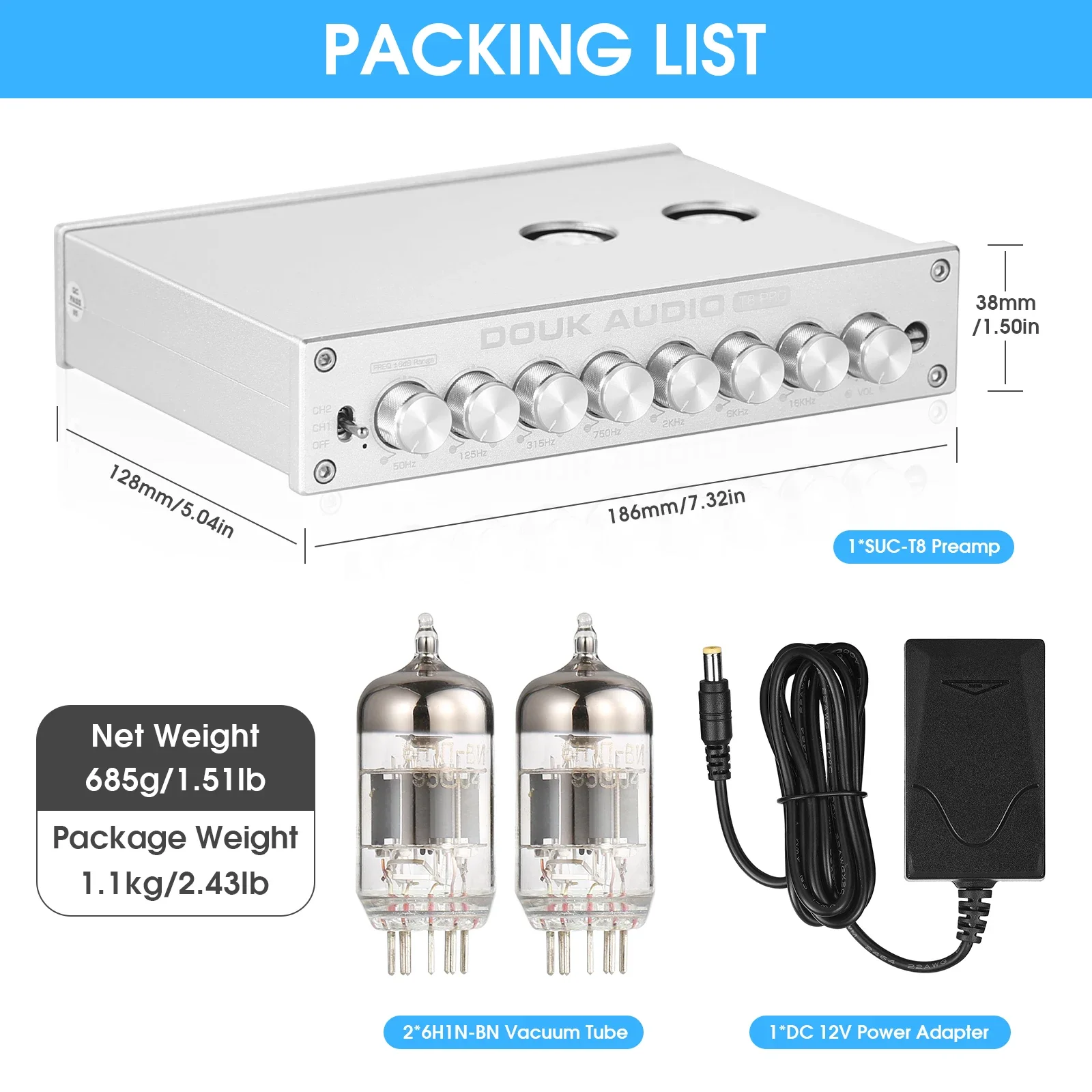Douk Audio T8PRO HiFi-Ventilrohr Stereo symmetrischer XLR/RCA-Vorverstärker 7-Band EQ Equalizer Home für Heimlautsprecher mit Klangregelung 4