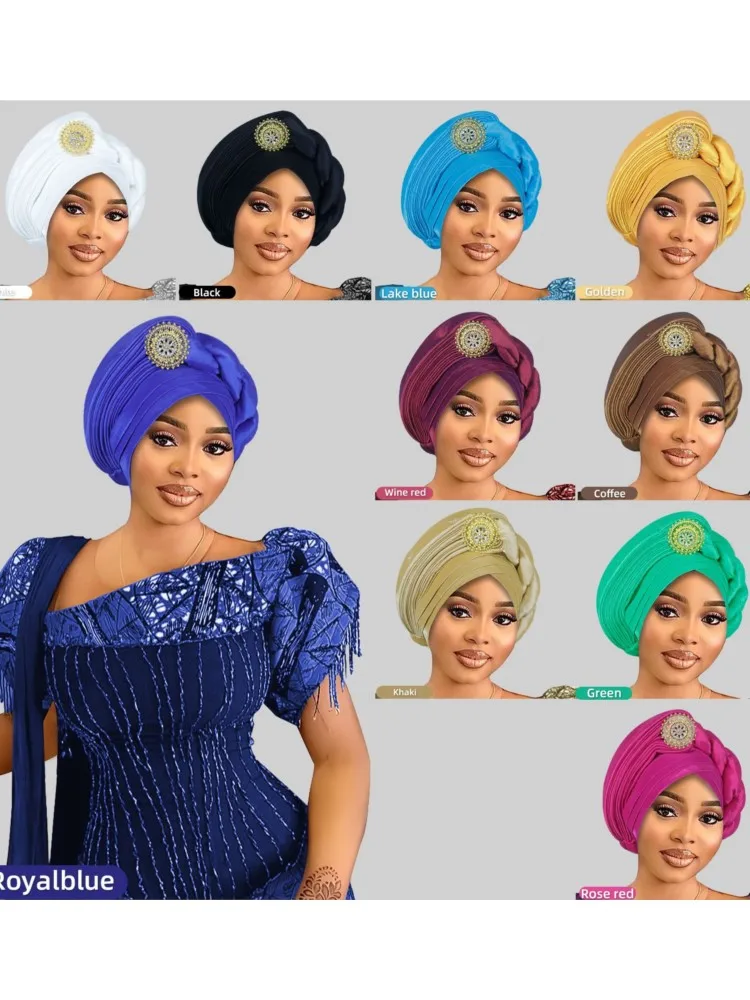 여성을위한 반짝이 전신 Pleated Turban 모자 2025 레이디 헤드 랩 이슬람 Headscarf 모자 Turbante Mujer African Headpiece