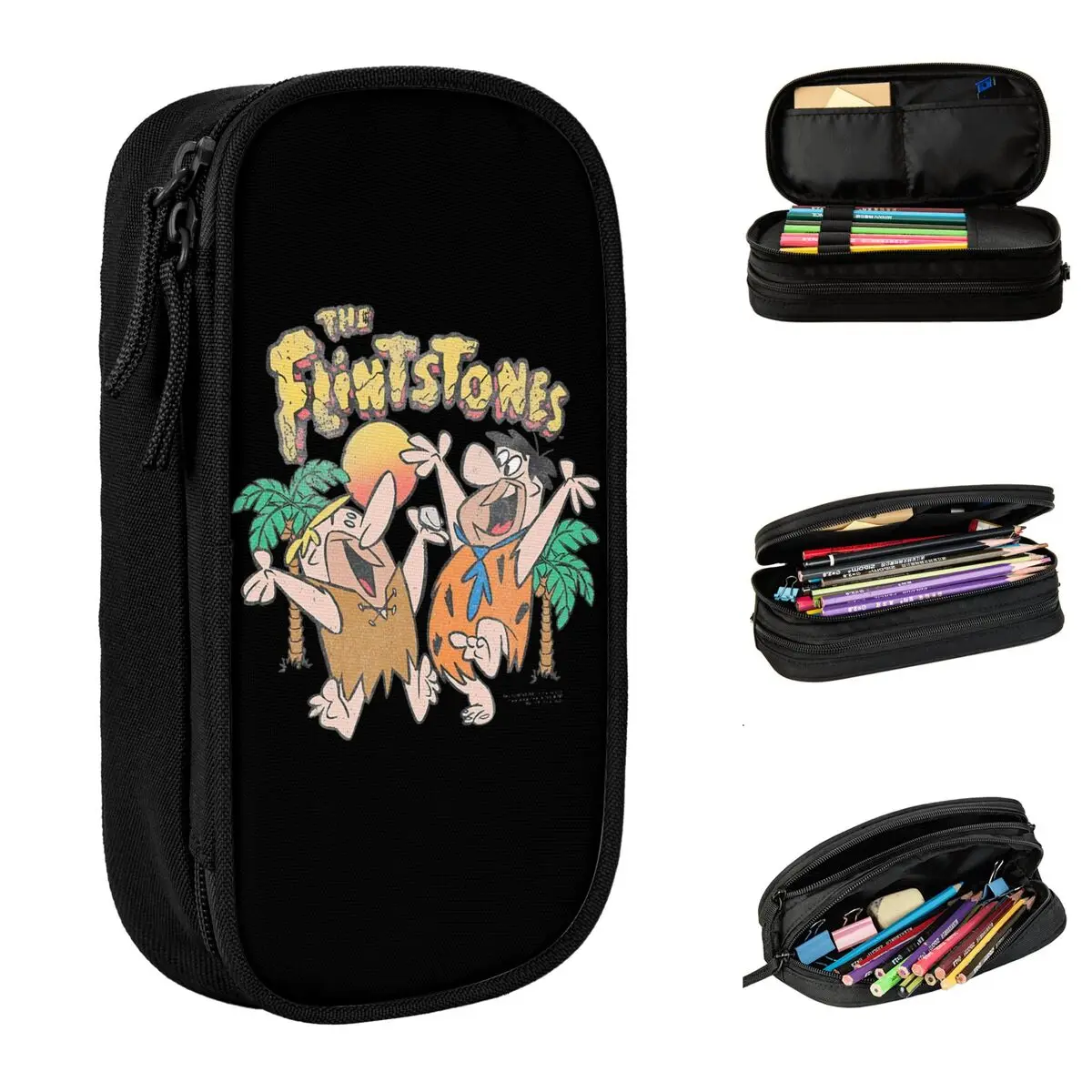 Large-capacity Pencil Case Animated Sitcom The Flintstone Merch Double Layer Pencil Case Stationery Women Make Up Bag