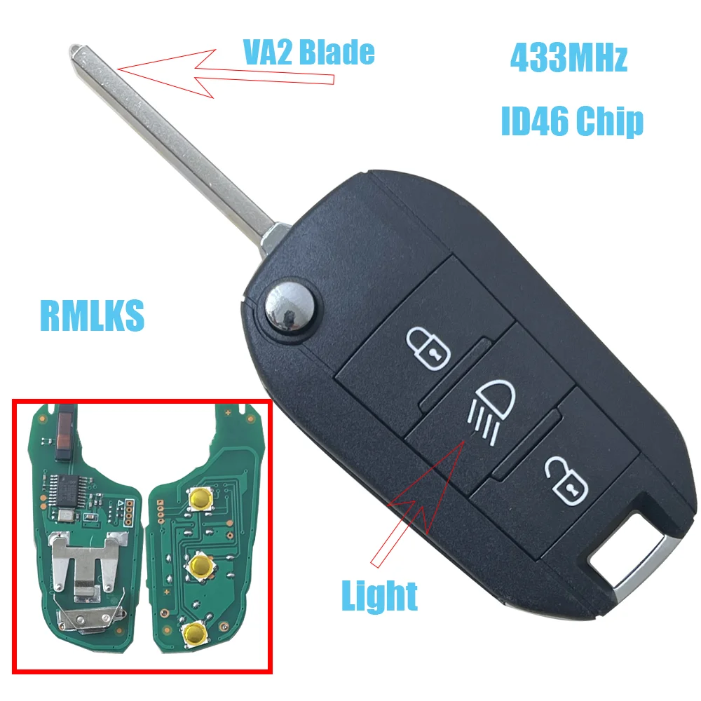 434Mhz ID46-7941 OEM Remote Flip Car key for Citroen C3 C5 Aircross Peugeot 208 308 508 2008 Hella 3BTN Light Control