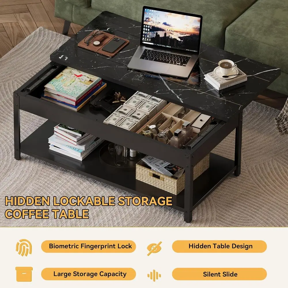 Biometric Safe Coffee Table for Firearms, Wine, and Valuables Storage in Black Marble and Wood