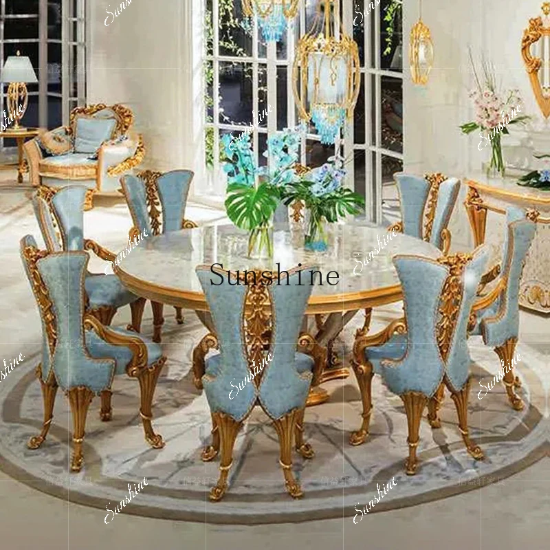 

European dining table and chair combination solid wood carving oval dining table shell parquet painting FT