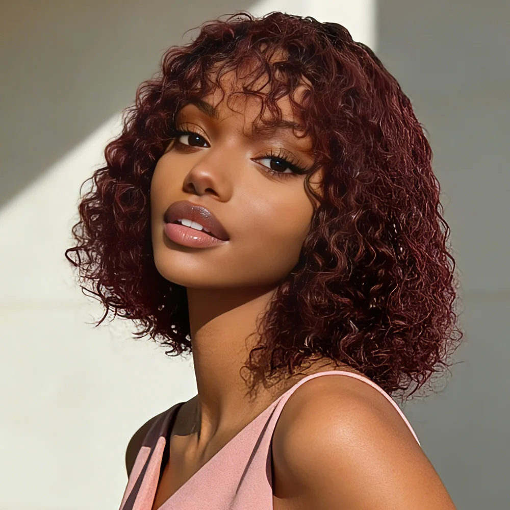 

Короткие кудрявые парики из натуральных волос 1B 99J для женщин, 100% бразильские парики-боб из натуральных волос с челкой, черные, глубокие кудри, полностью машинной работы.