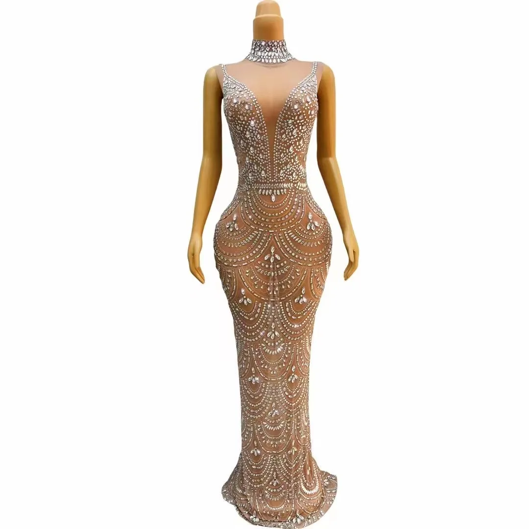 

Silver Rhinestones See Transparent Dress Women Birthday Celebrate Evening Stretch Costume Sexy Singer Summer Performance Sanye