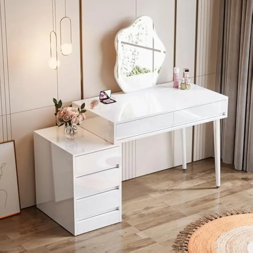 White Desk with 5 Drawers, High Gloss White Modern Home Office Desk W/ Storage Drawers and Printer Stand, Vanity Desk