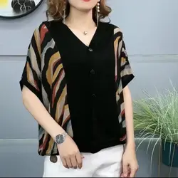 Summer New V-neck Fashion Short Sleeve T-shirt Women Elegant Button Patchwork Pullovers Casual Loose Y2K Printing Youth Tops