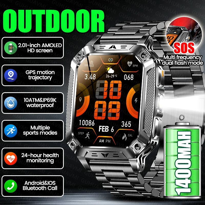 

Умные часы для мужчин с функцией SOS, двойной фонарик, аккумулятор 1400 мАч, 2.01-дюймовый AMOLED HD-экран, Bluetooth-звонки, GPS, водонепроницаемость 10ATM, спортивные часы.