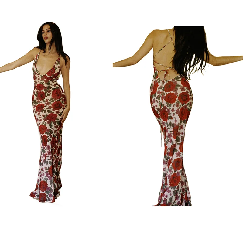 

ABRT-Women's Floral Criss Bodycon Dresses Deep V Neck Summer Vacation Dress