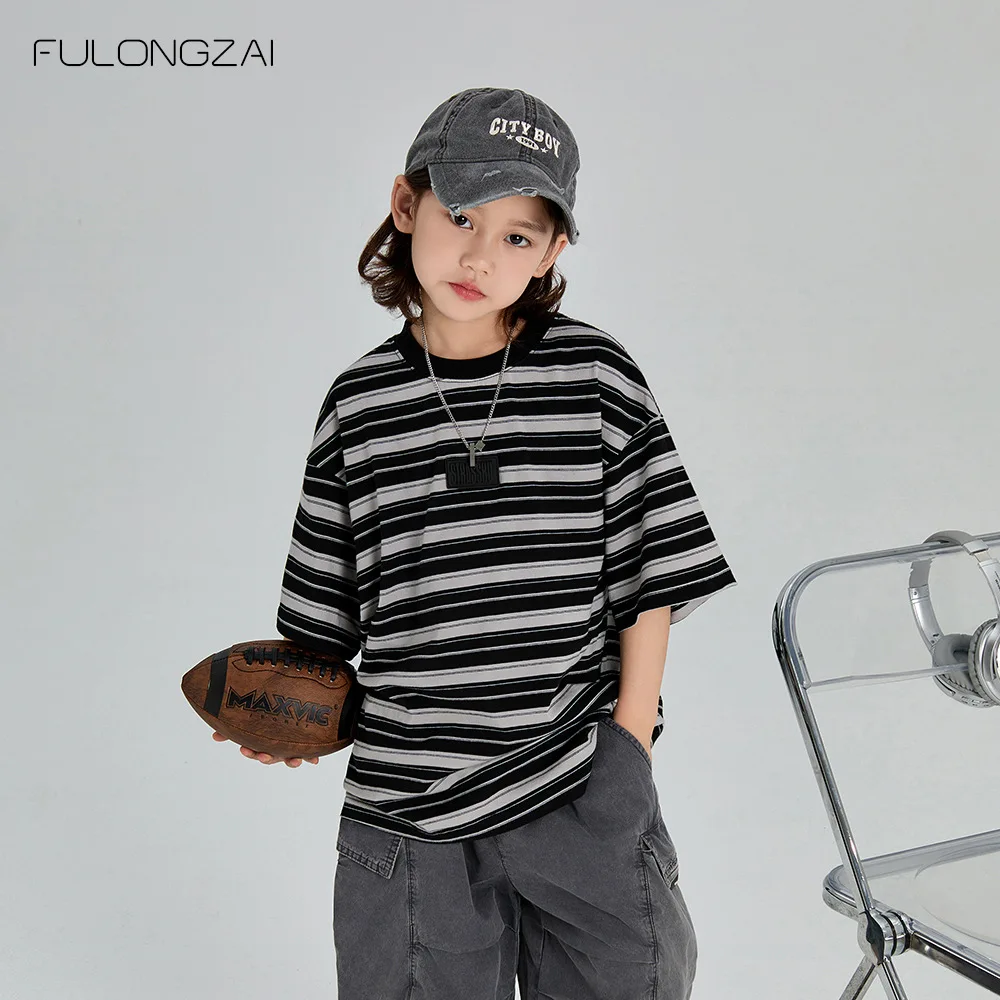 2024 The Boys Clothes Kids T Shirts Clothing Children Parent-child Outfit Korean Style Summer Top Breathable Cotton Streak