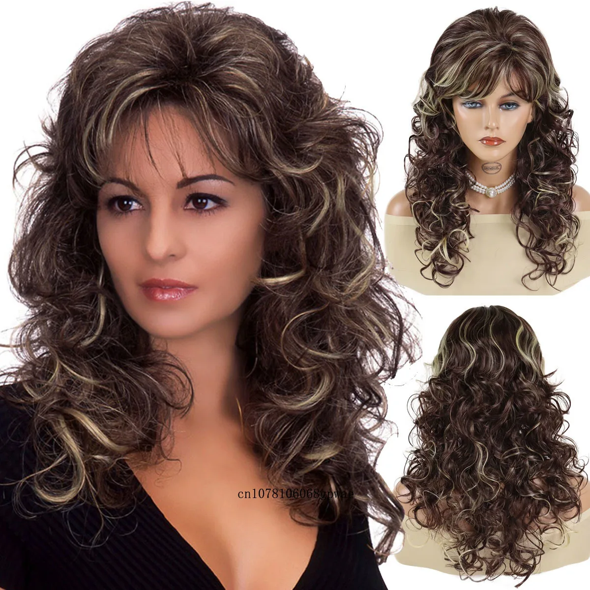 

Synthetic Women's Long Curly Wig with Bangs Fluffy Wavy Brown Mix Blonde Highlight Wigs Charming Lady Mommy Wig Daily Cosplay