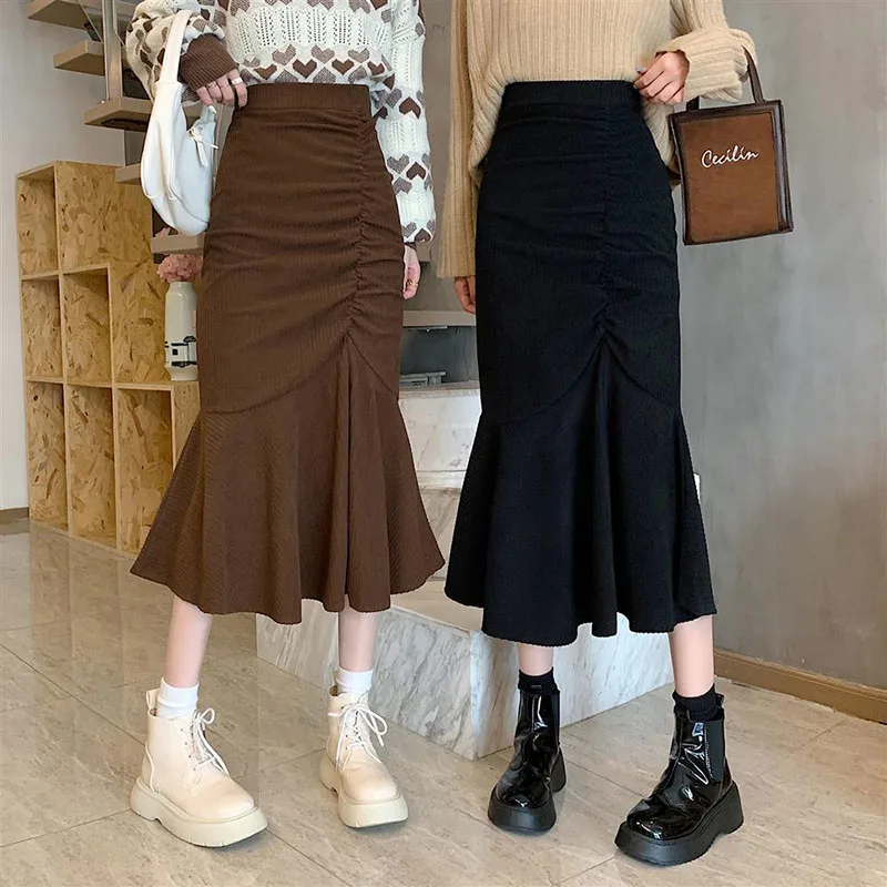 Fashion Trumpet Skirts Women High Waist Elegant Fall Slim Fit Korean Casual Pleats Dress Temperament Office Lady Mid Calf Skirt